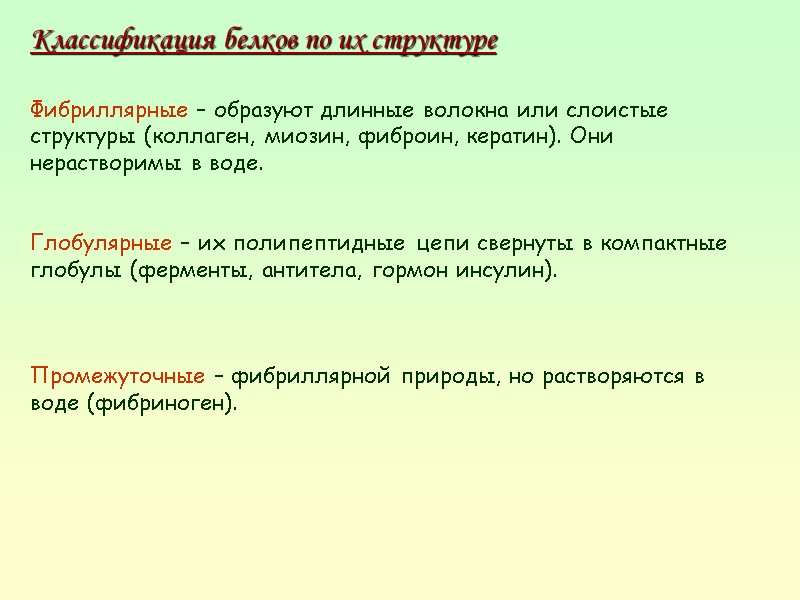 Классификация белков по их структуре  Фибриллярные – образуют длинные волокна или слоистые структуры